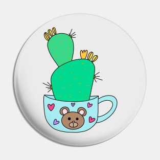 Cute Cactus Design #137: Green Cactus With Yellow Flowers In Cute Bear Mug Pin