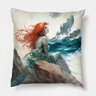 Mermaid in Ocean Landscape Watercolor "The Green Syren" Pillow