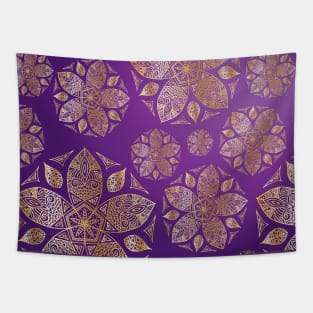 Mandala and Leaves Floral Pattern Gold Five Petal Flower on Purple Ombre Tapestry