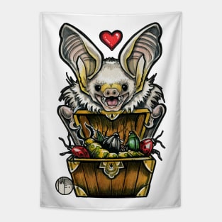 Bat with His Bug Treasure - Black Outlined Version Tapestry