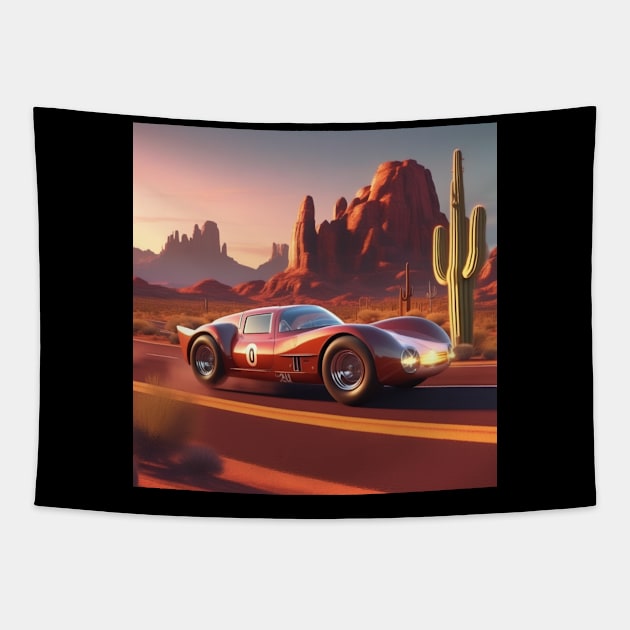 A Retro-Futuristic Racing Car Travelling Through The Arizona Desert At Dusk. Tapestry by Musical Art By Andrew