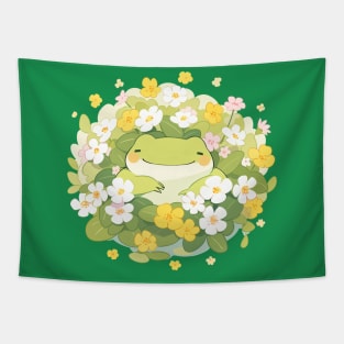 Kawaii Baby Frog Spring Flowers Happiness Tapestry