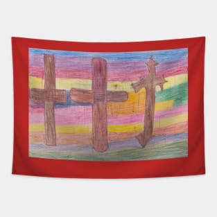 Three Wooden Crosses with Rainbow Background Tapestry