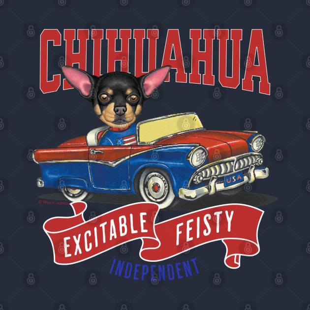 Funny and Cute Chihuahua dog driving a vintage classic retro car with red white and blue banner tee by Danny Gordon Art