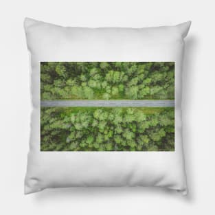 Empty straight road through the forest top down aerial view Pillow