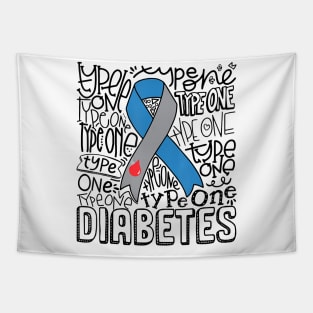 Diabetes awareness Grey Blue Ribbon Typography Type 1 Diabetes Gift Tapestry