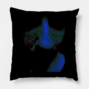 Portrait, digital collage and special processing. Close up to face, nose. Weird and dark. Green, blue reflexes. Pillow