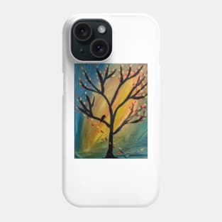 Black bird in the tree as the wind blows leaves off the tree Phone Case