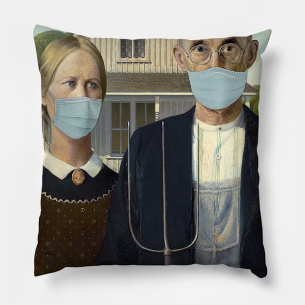 Pandemic Mask Art American Gothic Pillow by Bevatron