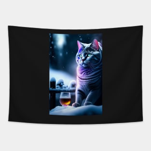 Enchanted Evening: Mystical British Shorthair Relaxes with a Drink on a Snowy Night Tapestry