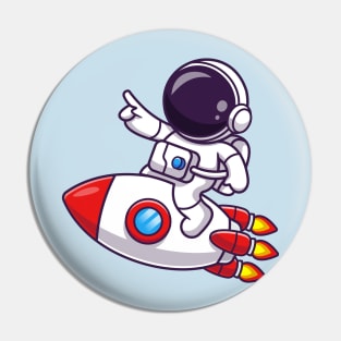 Cute Astronaut Pointing On Rocket Cartoon Pin