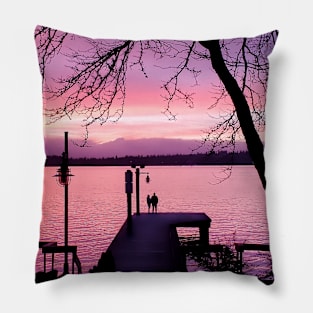 Silhouetted Couple on Dock with Pink Sunset Sky Pillow