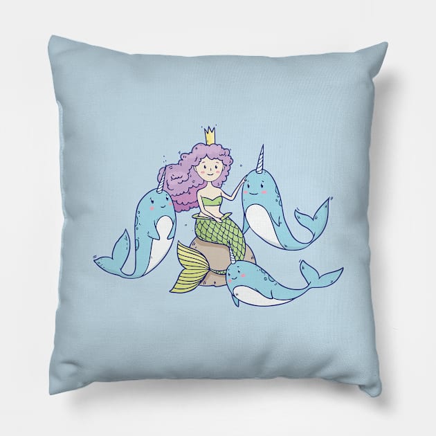 Fairy Little Mermaid and Narwhals Pillow by Olya Yatsenko