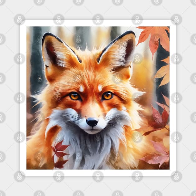 Fox with autumn leaves Magnet by AnnArtshock