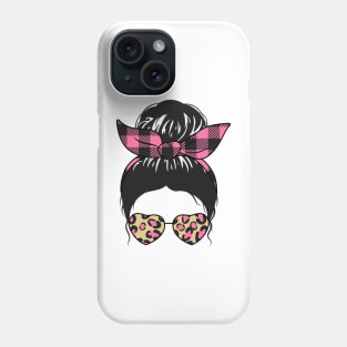 Messy Bun Girl Pink Check Bandana & Leopard Print Sunglasses Phone Case