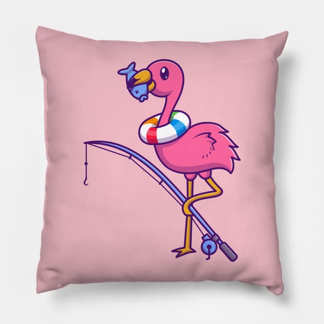 Cute Flamingo Eating Fish Cartoon Pillow by Catalyst Labs