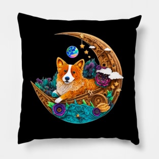 Corgi Dog in Space on Crescent Moon Planets Stars Cute Art Digital Painting Pillow