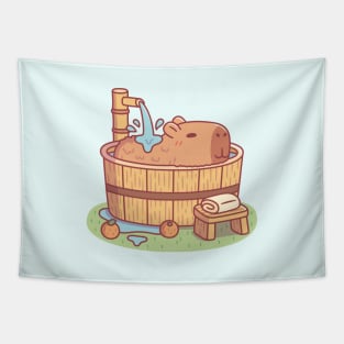 Cute Capybara Relaxing In Wooden Hot Tub Bath Tapestry