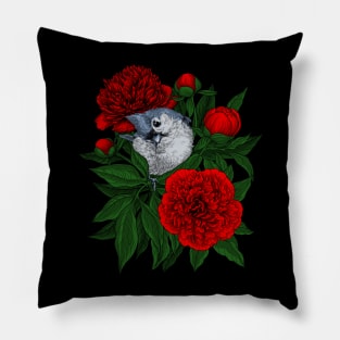 Bird on a red peony bouquet Pillow