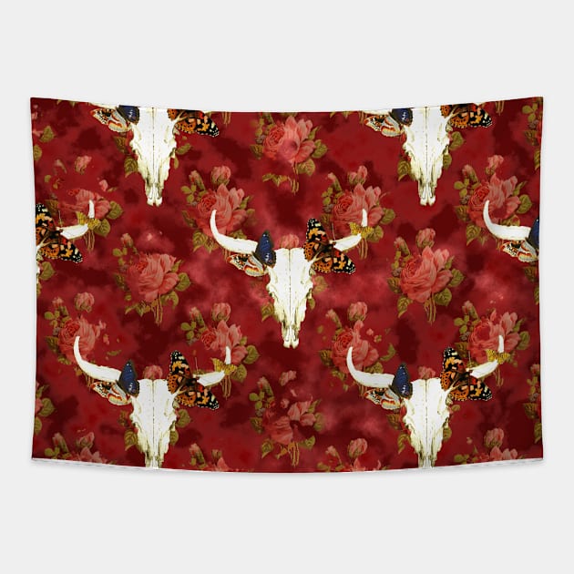 Bull skull and roses - burgandy Tapestry by CharlieCreates