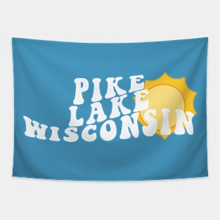 Sunshine in Pike Lake Wisconsin Retro Wavy 1970s Summer Text Tapestry