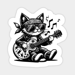 funny Cat Rock Black and White Guitar-Strumming Feline Design Magnet