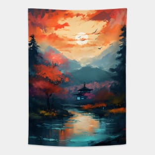 Serene Sunset over a River in a Vibrant Japanese Forest Tapestry