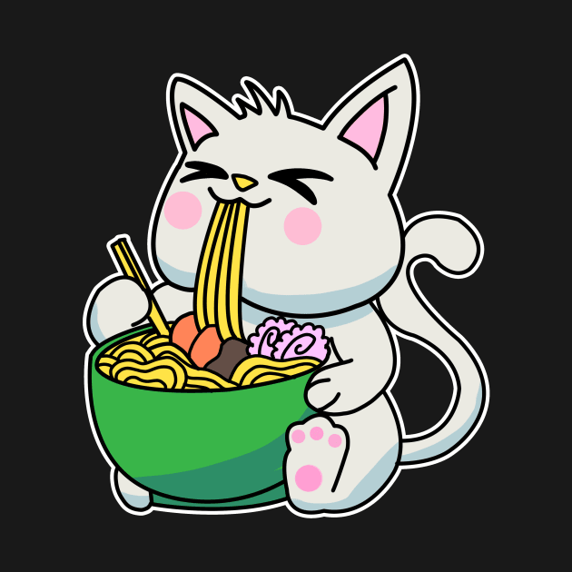 Anime Kawaii Ramen Eating White cat Japanese Noodles by Mesyo