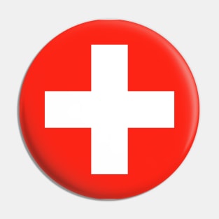 Red background white cross similar to the swiss flag. Pin