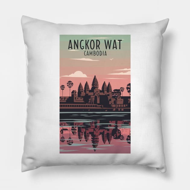 A Vintage Travel Art of Angkor Wat - Cambodia Pillow by goodoldvintage