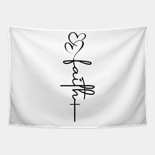 Faith Hearts & Cross Black Typography Tapestry