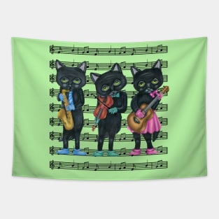 Three Black Cats Playing Musical Instruments on Sheet Music Tapestry