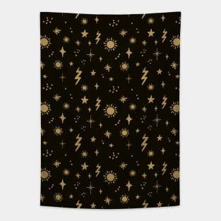 Black and Gold Celestial Night Sky Sun Pattern Tapestry