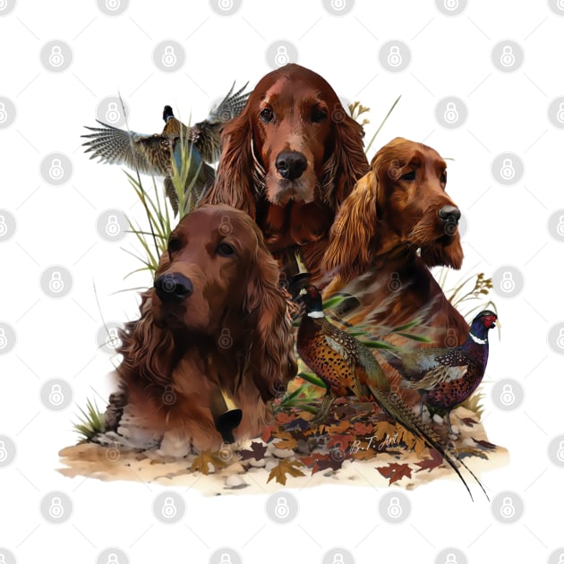 Irish Setters with Pheasants by German Wirehaired Pointer 