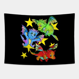 3 Baby Dragons Flying in a Starry Sky Tapestry