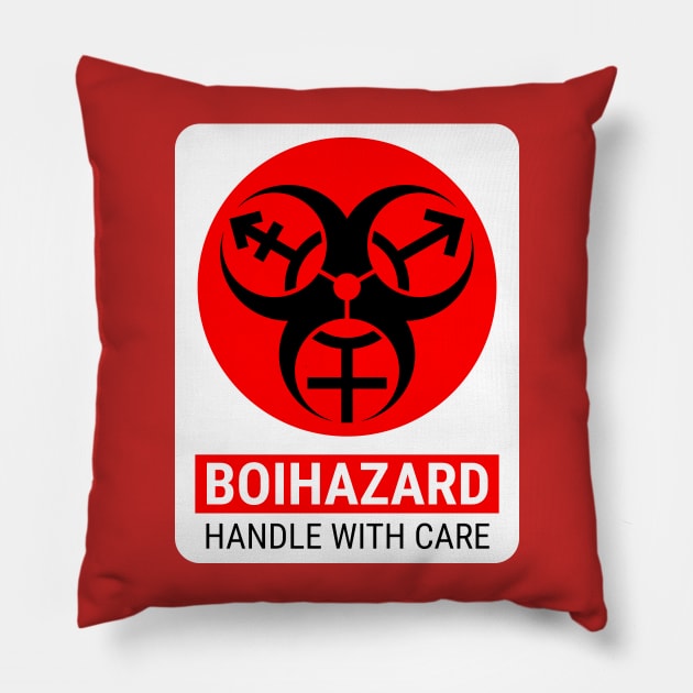 "BOI HAZARD/handle with care" - Label Style - Red Pillow by GenderConcepts