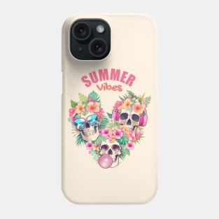 Three Tropical skull head with sunglasses,bubble gum balloon and headphones, leaves and flowers Phone Case