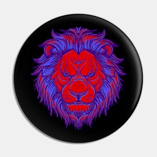 Red and blue lion face with mane Pin