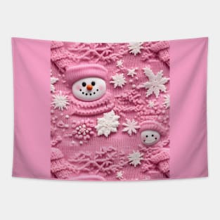 Cute Pink Snowmen Retro Chrismas Snowflakes Knitted Pattern Tapestry