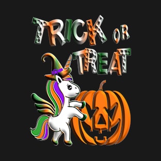 Kawaii cute unicorn pumpkin trick treat violet orange black green 3D tridimensional 322 T-Shirt