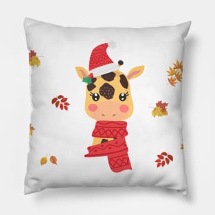 Christmas Giraffe And Autumn Leaves Pillow