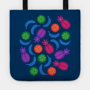 TROPICAL FRUITS WITH LOTSA DOTS in Juicy Summer Beach Brights on Deep Blue - UnBlink Studio by Jackie Tahara Tote