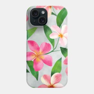 Tropical plumeria flowers and leaves watercolor seamless pattern. Exotic pink flowers composition. Colorful floral summer arrangement on textural background Phone Case