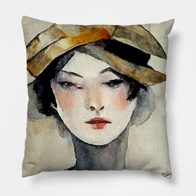 Fashion Sketch Watercolor 1950s Hat Pillow by Moon Art