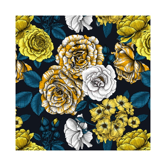 Yellow, white and bi-color roses with blue leaves on black by katerinamk