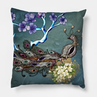 Wonderful elegant peacock with flowers Pillow