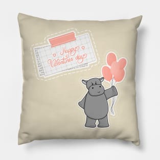 Cute hippo with balloons and Happy Valentines day text Pillow