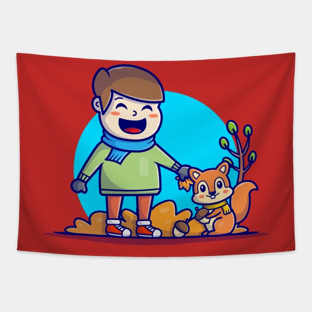 Happy Cute Boy with Cute Squirrel and Acorns Cartoon Vector Icon Illustration Tapestry by Catalyst Labs