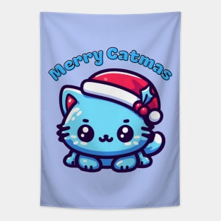 Christmas blue catmas cat Tapestry