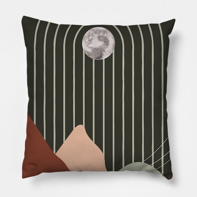 Mid-century modern artwork of moon with arches and mountains. Sun & Moon Artwork With mountains. Boho art of moon at night and terracotta mountains. Pillow by waltzart